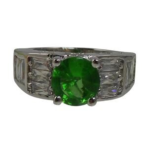 Vintage Sterling Silver Simulated Diamond Emerald Engagement Wedding Ring Band 7